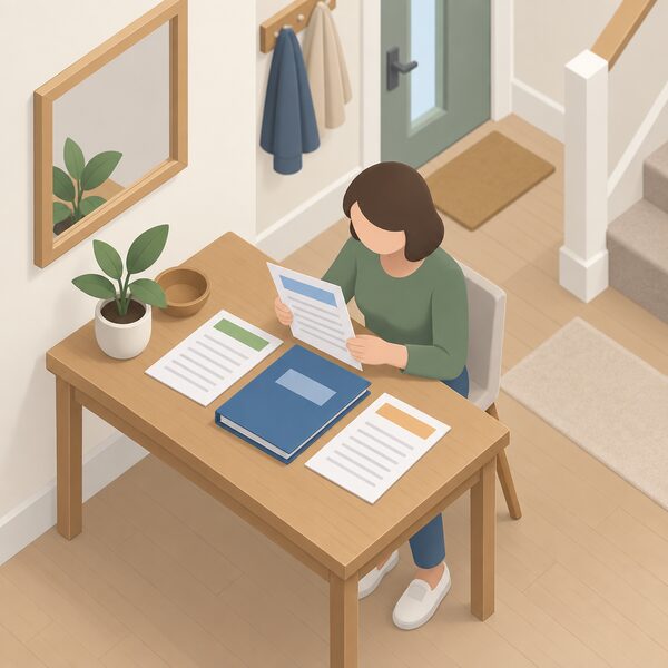A home hallway table where a simplified householder sits sorting the paperwork kept after a solar thermal installation: an MCS certificate sheet, a handover documentation folder and warranty terms, laid out together as physical documents with content shown only as blank lines and plain colour bands.