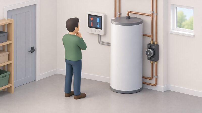 A householder stands beside the hot water cylinder in a utility space, looking at the wall-mounted solar thermal controller whose screen shows two simple temperature blocks, one for the roof collector and one for the cylinder, with the pump unit on the pipework below.