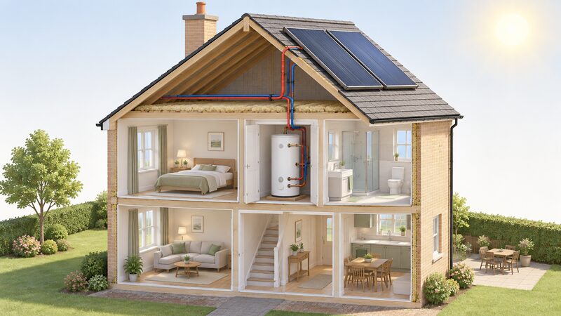 A cutaway view of a house showing solar collector panels on a sunlit pitched roof, insulated pipework running down through the loft space, and a twin-coil hot water cylinder standing in the airing cupboard below.