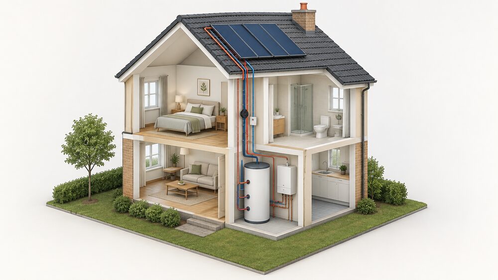 A cutaway house showing flat plate solar collectors on a southeast to southwest facing roof, insulated pipework running down through the building to a large twin-coil hot water cylinder standing on the floor of an airing cupboard or utility space, with a boiler nearby as the backup heat source.