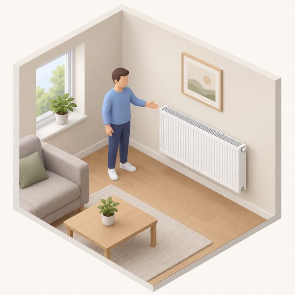 A plain white steel panel radiator of the Compact type, with top grille and side panels, mounted horizontally on an interior wall of a simply furnished room, with a small isometric figure standing beside it gesturing toward it.
