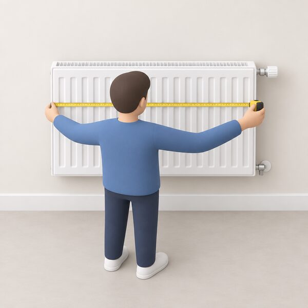 A simplified person stands before a wall-mounted panel radiator, stretching a tape measure horizontally across its full face from the far left edge to the far right edge to take its width.