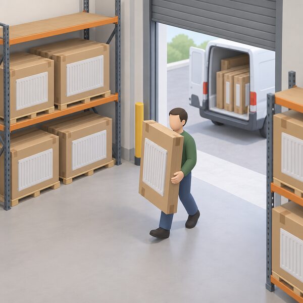 A merchant's stockroom worker in plain clothing carries a boxed panel radiator upright through the doorway of a merchant's stockroom, with shelving racks of similar boxed radiators stacked behind him and a delivery van visible through an open roller door outside.