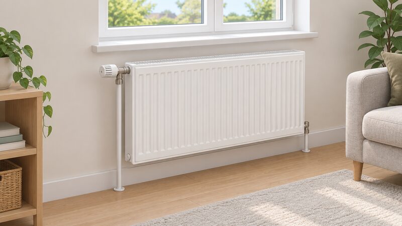 A white Compact panel radiator mounted on the wall beneath a window, with a thermostatic valve fitted on the inlet pipe at one end and pipework rising from the floor.
