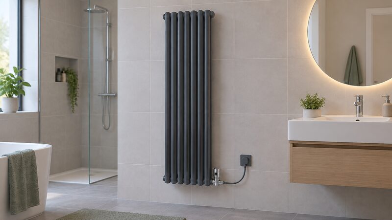 A tall vertical anthracite grey Stelrad Electric Column radiator with rounded tube columns standing against a bathroom wall, fitted with a chrome thermostatic valve at its base, with tiled walls and a basin nearby to set the room.