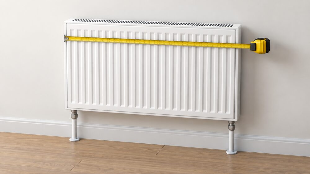 A white steel panel radiator mounted on an interior wall, shown close up, with its two supply pipes rising from the floor below and a tape measure extended across its width as if being measured for a like-for-like replacement.