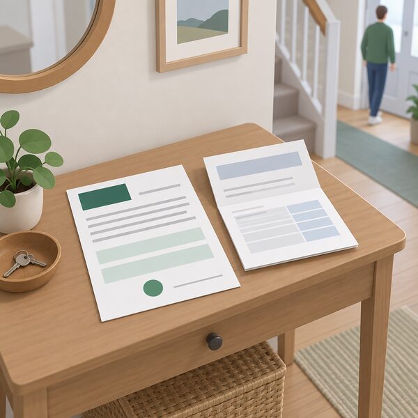A printed MCS certificate sheet lying on a table in a home hallway, shown as a physical document with blank lines and plain colour bands for its content, beside a folded quote sheet, with no readable words or numbers anywhere.