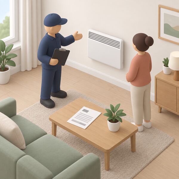 A small simplified installer figure stands in a home's living room during a consultation visit, holding a clipboard and gesturing toward a wall-mounted electric heater while the householder stands nearby, with a printed quote sheet resting on a table between them.