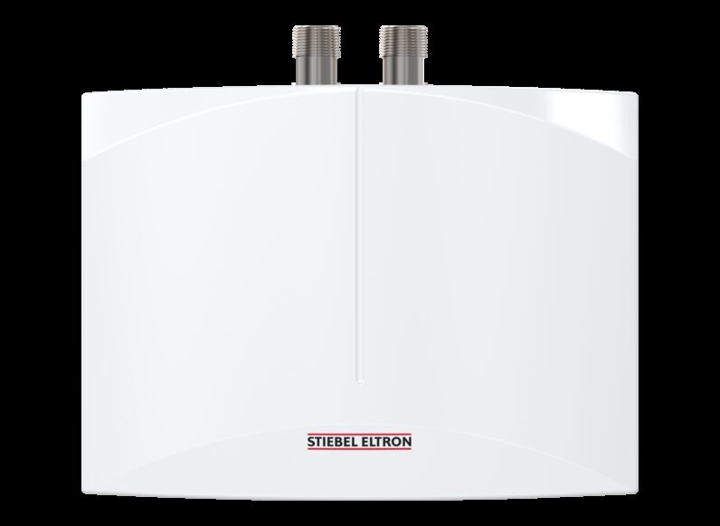 A white Stiebel Eltron instantaneous water heater unit with two pipe connections on top