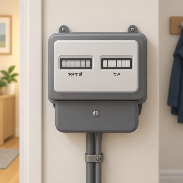 A wall-mounted Economy 7 electricity meter shown close up with two display registers, one marked normal and one marked low, drawn as a physical meter on an interior wall with blank number blocks in each register.