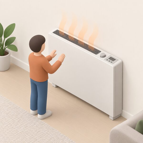 A modern high heat retention storage heater standing against a wall in a room, drawn as a slim well-insulated unit with a thermostat and programmer on its top control panel, with a small isometric figure beside it feeling gentle warm air flowing from a fan outlet grille at the top.