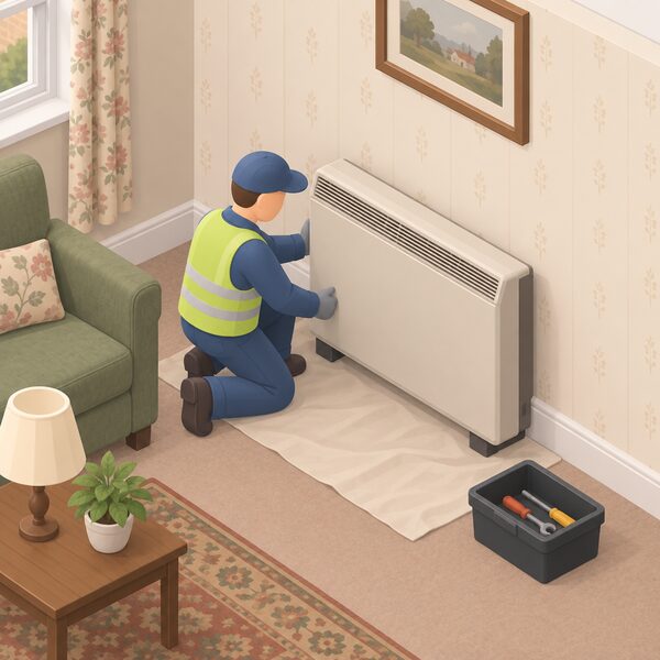 A traditional storage heater standing against the wall of an older UK living room, with a simplified isometric figure of an installer beside it preparing to remove the legacy unit as part of its replacement.