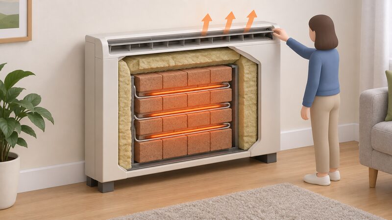 A cutaway view of a night storage heater standing against a room wall, revealing heating elements among a dense clay brick core wrapped in an insulation layer inside the casing, with an output damper at the top of the casing shown partly open.