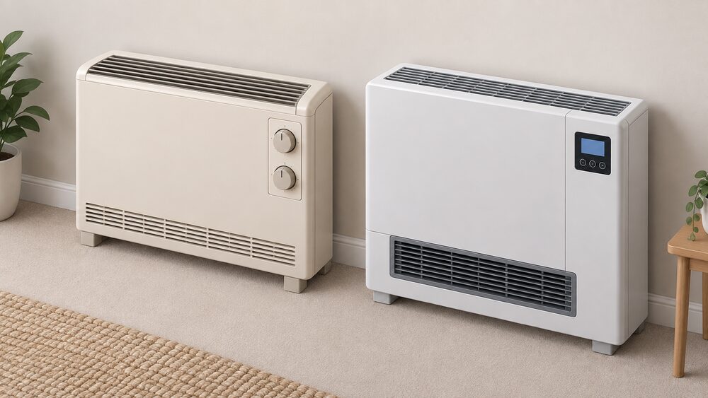 A close-up of a single night storage heater standing against a plain room wall, its casing with warm air outlet vents along the top, an older model's two round control dials labelled input and output on its front, and a modern high heat retention variant beside it with a fan grille and digital control panel.