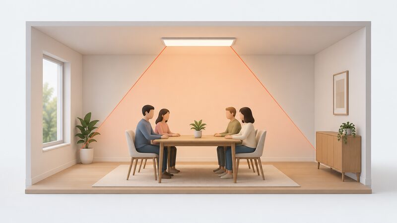 A flat infrared panel heater mounted flush on the ceiling above a dining table with chairs, drawn as a simple cutaway diagram with two lines fanning downward from the panel face to mark a wide radiant spread reaching the table surface below.