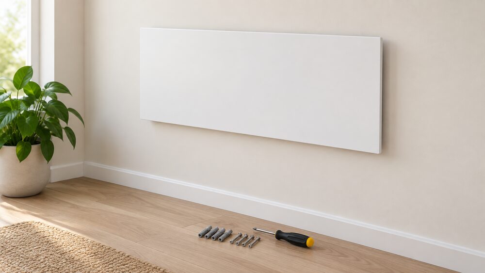 A close-up of a slim, frameless wall-mounted infrared panel heater fixed high on an interior wall with its Easy-Fit bracket, its surface plain and unadorned, with a small installation kit of screws, wall plugs and a screwdriver resting on the floor below.