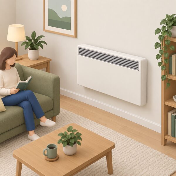 A single storage heater mounted on the wall of a simply furnished room, drawn as a plain rectangular appliance with its heat outlet grille, standing in a domestic interior to show how it sits in a home.