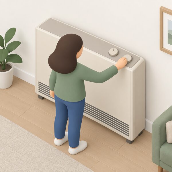 A close view of an older storage heater standing against a room wall, showing its two round manual dials on the top panel, one input and one output, with a simplified figure adjusting one dial by hand.
