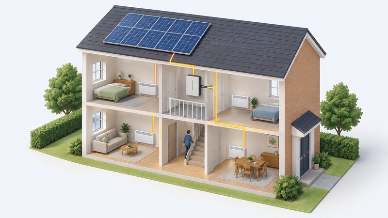 A cutaway view of a house with a solar PV array on the roof, a battery unit on an inside wall, and storage heaters in the rooms below, all linked by simple connection lines to show the measures installed together as one project.