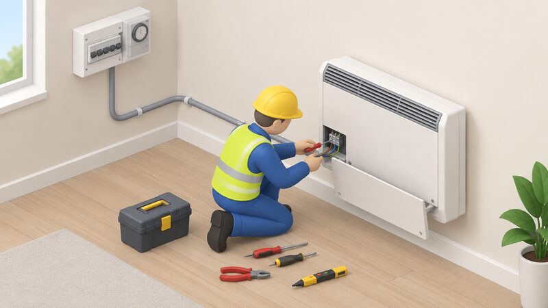 A qualified electrician kneels beside a wall-mounted storage heater in a room, its front panel open, wiring the heater's connection point to a dedicated radial supply cable running from a small consumer unit with an off-peak time control, tools and a voltage tester at hand.