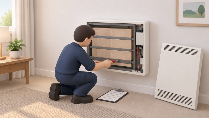 A technician kneeling beside a wall-mounted electric storage heater with its front casing removed to reveal the internal brick core, holding a clipboard of maintenance paperwork resting nearby, in a plain domestic room.