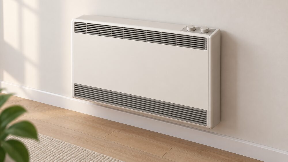 A single wall-mounted night storage heater shown close up, its two manual control dials for input and output clearly visible on top, standing clear of surrounding furniture so heat can circulate freely into the room.