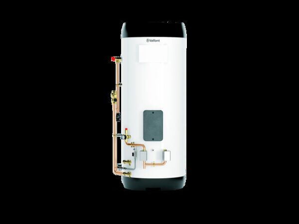 A Vaillant uniSTOR hot water cylinder with copper pipework and valves, shown on a white background