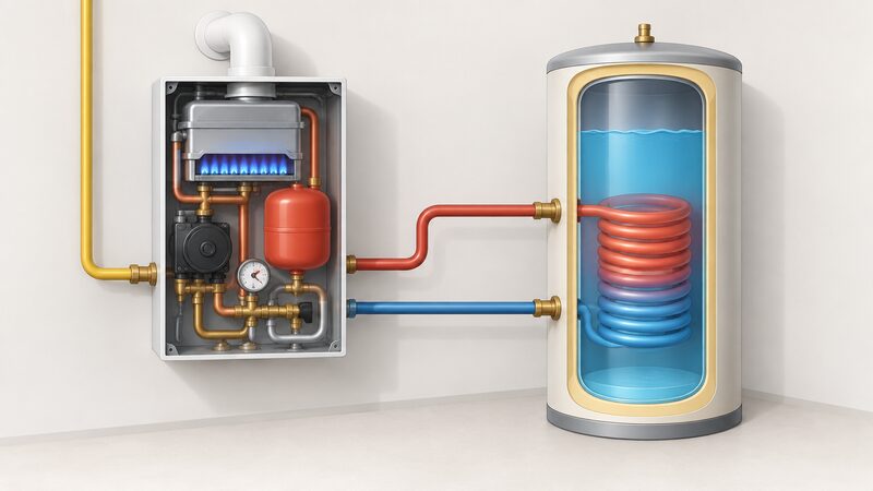 A cutaway diagram showing a gas-fired system boiler with internal pump, expansion vessel, pressure gauge and filling loop inside its casing, connected by two primary flow and return pipes to a coil winding inside an unvented hot water cylinder, with the stored mains water around the coil kept separate.