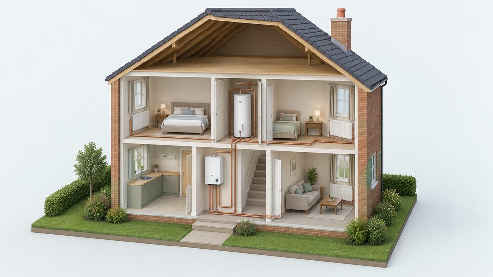 A cutaway house showing a gas system boiler on an indoor wall with three copper pipes at its base, connected by pipework to a hot water cylinder with an immersion heater standing in an upstairs airing cupboard, and an empty loft above with no water tanks.