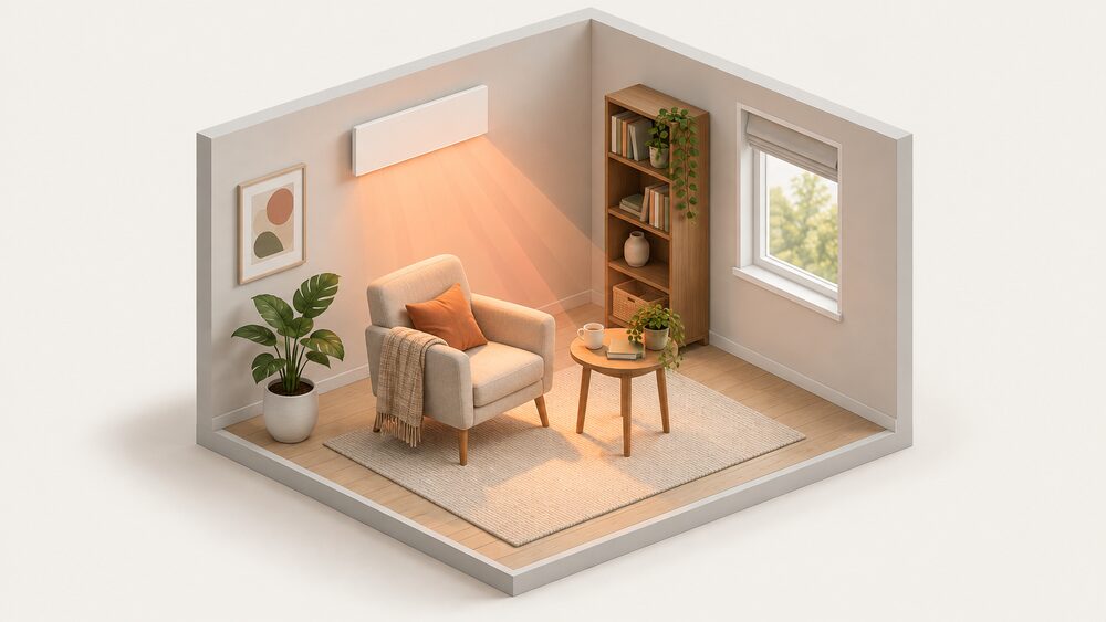 A slim flat infrared panel heater mounted high on an interior wall of a simply furnished domestic room, angled so its radiant warmth falls on an armchair and small table directly in its path, with no fan, grille or visible moving parts.