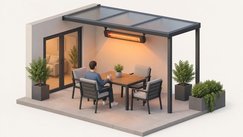 A quartz terrace heater mounted under a canopy above outdoor seating, with a small isometric figure seated at a table beneath it, the heater fixed to the wall or hung by chains so it takes up no floor space.