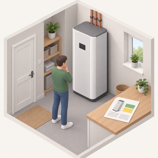 A tepeo-style heat battery boiler standing in a home utility space beside a small isometric homeowner, with a promotional leaflet lying on a nearby surface showing the price reduction as plain colour bands and blank lines.
