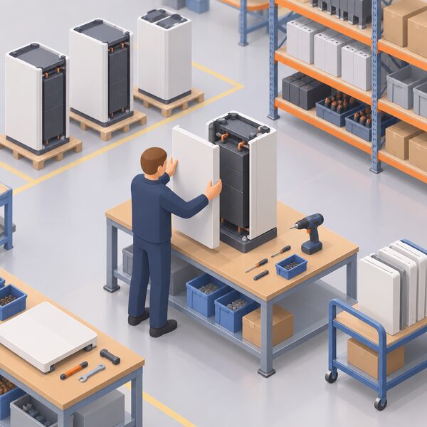 Inside a bright factory assembly area, a simplified isometric figure in plain work clothing fits the outer casing panels onto a ZEB heat battery unit on a workbench, with other partly assembled units and tools nearby showing UK manufacture at the Wokingham base.