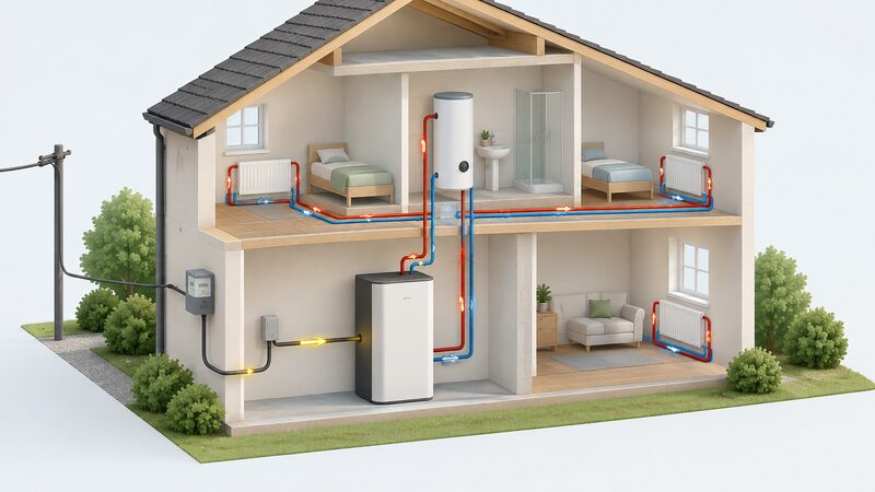 A cutaway diagram of a tepeo ZEB unit in a home, shown charging from the electricity supply and releasing stored heat through flow and return pipes to radiators and to a hot water cylinder.