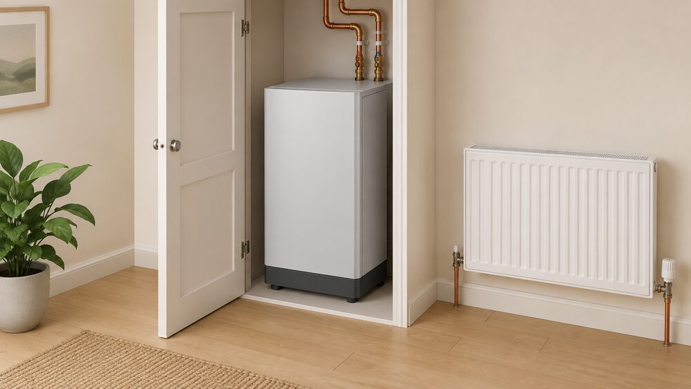 A tepeo-style heat battery boiler unit standing indoors in the same cupboard footprint as a previous gas boiler, connected to existing flow and return pipework, with a wall radiator visible nearby and no flue or outdoor unit.