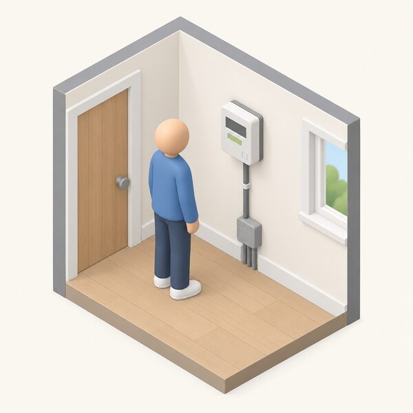 A wall-mounted smart electricity meter inside a home, shown as a small boxed unit on an interior wall with its display as plain blank blocks, connected by a cable running down into the household electricity supply, with a simplified isometric figure standing beside it looking at the meter.