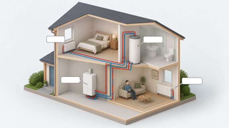 A simplified cutaway diagram of a home showing the ZEB heat-only boiler connected by pipework to a hot water cylinder and to a radiator circuit, with plain blank labels pointing to each component.