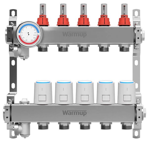 A Warmup stainless steel underfloor heating manifold with flow meters, pressure/temperature gauge and five white thermostatic actuators