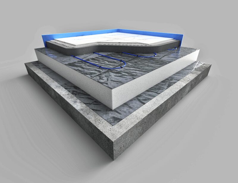 A 3D cutaway diagram of an in-screed underfloor heating system showing layers of insulation, screed and pipework beneath a tiled floor