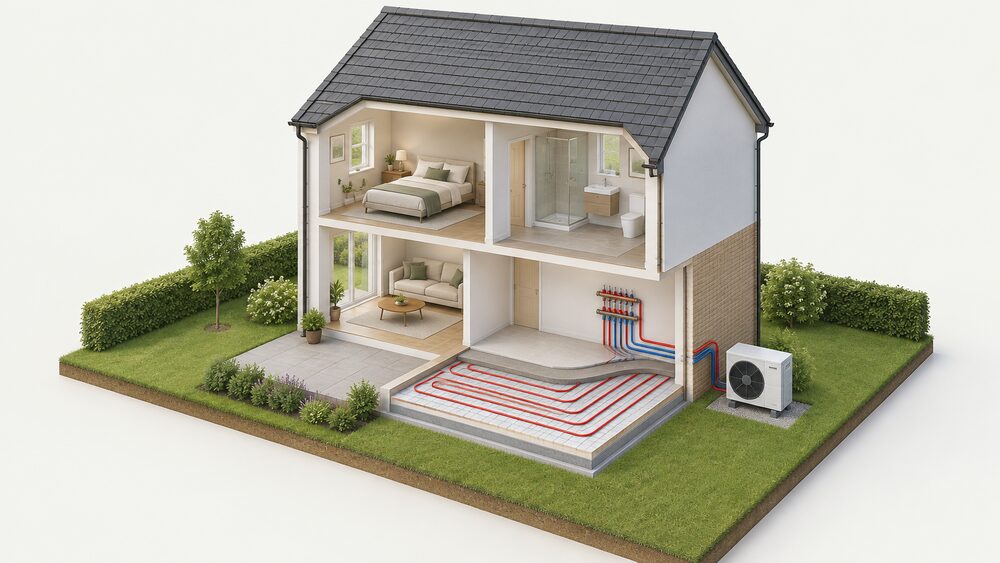 A cutaway house showing a wet underfloor heating system: pipe loops laid in loops over insulation beneath a screed floor build-up in a ground-floor room, connected up through the wall to a manifold, with an air source heat pump fan unit standing outside on the ground beside the external wall.