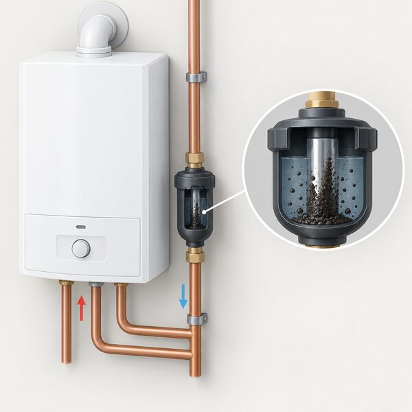 A wall-hung boiler with a magnetic filter installed on the vertical return pipework beside it, a cutaway showing the internal magnet collecting black iron oxide sludge so it cannot reach the heat exchanger.