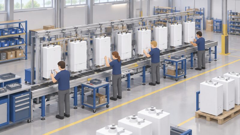A row of white wall-mounted gas boilers moving along a factory assembly line inside a bright manufacturing hall, with simplified isometric workers in plain clothing fitting components by hand, conveying the hand-built production of boilers at the Belper plant in Derbyshire.