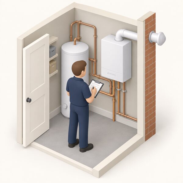 An installer with a clipboard stands in a home's airing cupboard or utility space, surveying an existing wall-mounted boiler, its flue route and connected pipework and cylinder before writing a quote.