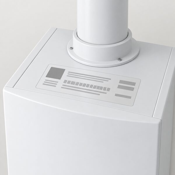 A close-up view of the flat data label on the top surface of a wall-hung condensing boiler, shown as a physical plate with blank lines and plain blocks where the 16 digit serial number and other details would be, with no readable text.