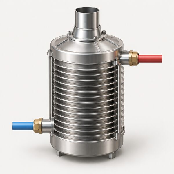 A single stainless steel Inox-Radial condensing heat exchanger shown isolated as a component, drawn as a compact cylindrical stainless body with radial finned coil sections, flow and return water pipes entering at the sides and the flue gas outlet at the top, with no boiler casing around it.