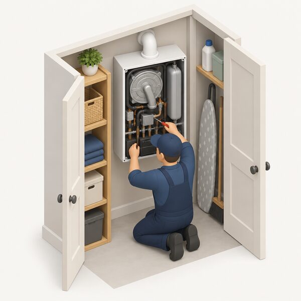 A small isometric engineer figure kneeling before a wall-hung gas combi boiler with its front casing removed, working on the internal components with a hand tool, the boiler mounted in a compact cupboard-like alcove with other objects close against both side walls showing no side clearance is needed.