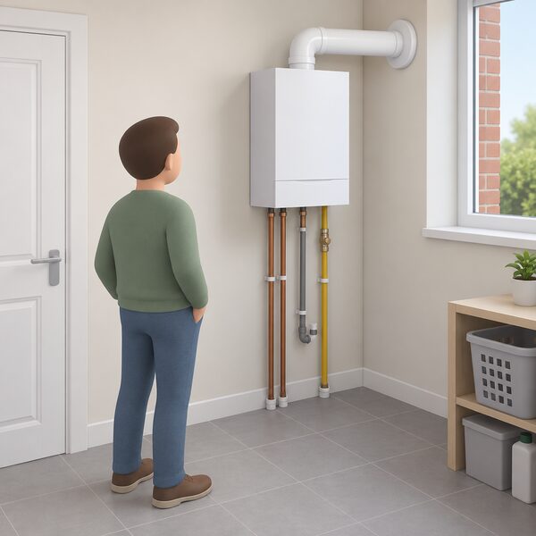 A compact white wall-mounted gas condensing boiler neatly fitted high on the wall of a tidy home utility space, with a simplified householder figure standing beside it looking at it, pipes and flue neatly connected and the surrounding space left uncluttered to convey quiet, efficient compactness.