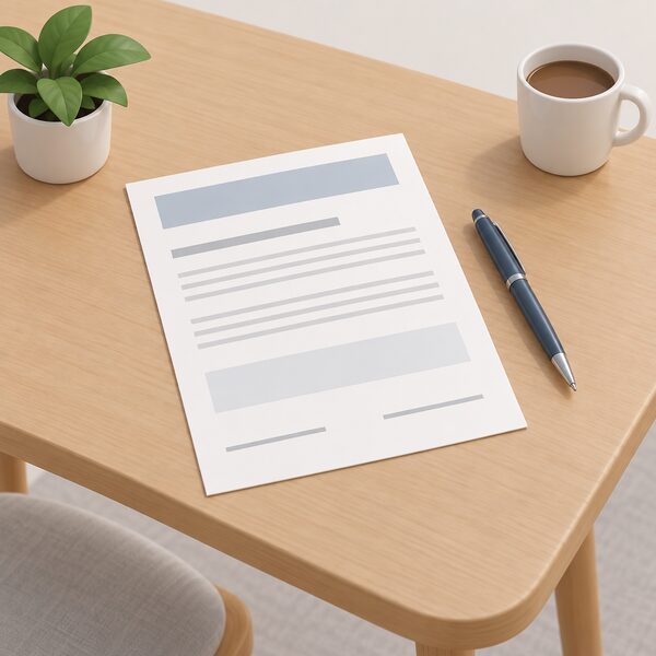 A printed manufacturer guarantee document lying flat on a household table beside a pen, drawn as a physical paper sheet with its content shown only as blank lines and plain blocks so nothing is readable.