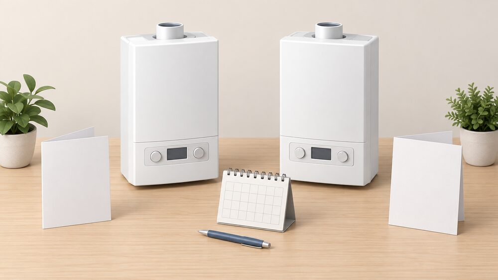 Two small white wall-hung gas combi boiler models stand side by side on a table, each beside a blank folded guarantee document, with a wall calendar and a pen lying between them.