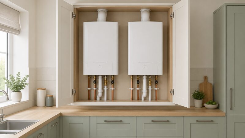 Two plain white wall-mounted gas combi boilers side by side inside an open domestic kitchen cupboard, each with visible pipework below, drawn identically so neither brand is distinguishable.